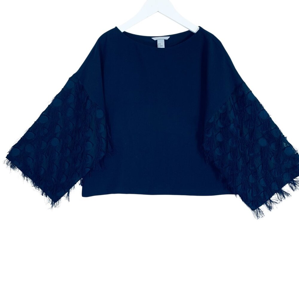 H&M fringe-blouse round neck loose fit transparent sleeves navy blue size 4
